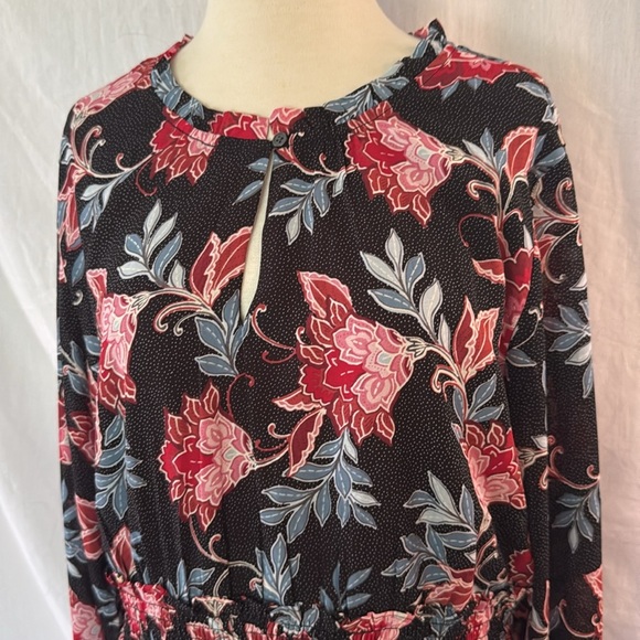 LOFT Black Red Long Sleeve Dress Size Large, Floral Print, Elastic Waist, Lined - Picture 2 of 8